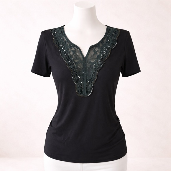 Dolce & Gabbana D&G Black Lace Embellished Top Logo Back XL